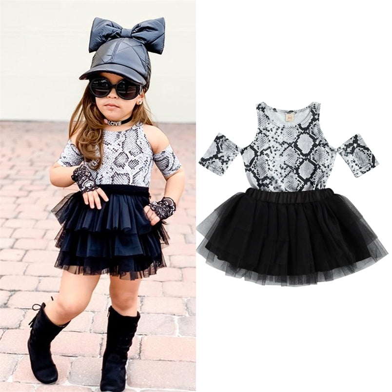 FOCUSNORM Fashion Kids Girls Clothes Sets Snakeskin Print Off Shoulder T Shirts Tops Lace Tutu Skirts 2pcs 1 6Y 220620