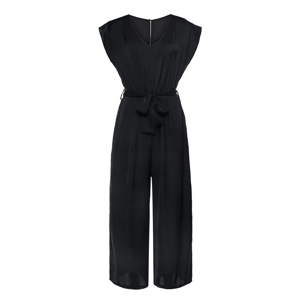Women&#039;s Black Sleeveless Jumpsuit - Elegant V-Neck Pleated Bodysuit With Belt B2