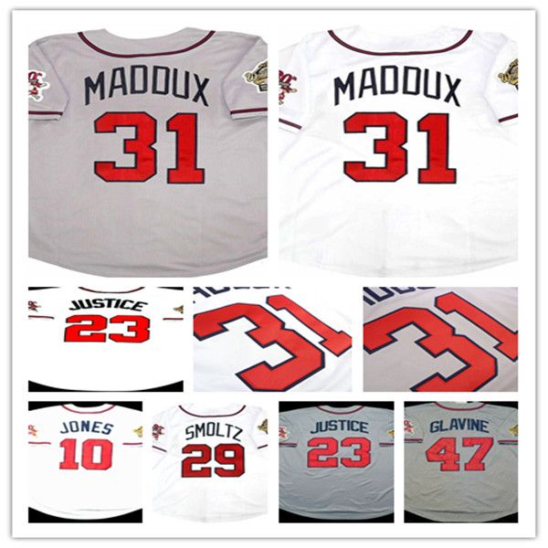 1995 Retro WS Baseball Jerseys Chipper Jones Hank Aaron John David Justice Tom Glavine Smoltz Bobby Cox Javy Lopez John Rocker Maddux STEVE