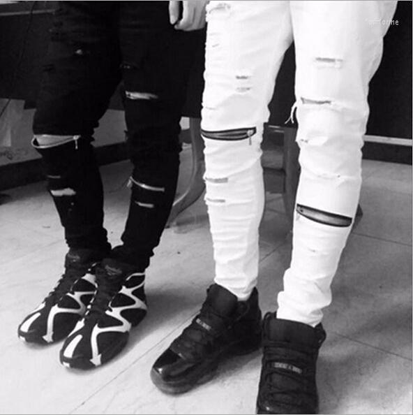 High Quality Slim Fit Autumn Men Jeans Robin Biker Zipper Hole Pencil Destroyed & Distressed