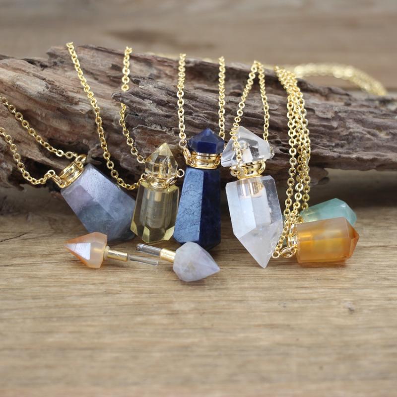 Pendant Necklaces Sodalite Agates Fluorite Double Pointed Perfume Bottle Necklace Healing Crystal Prism Essential Oil Vial Charms QC1104Pend