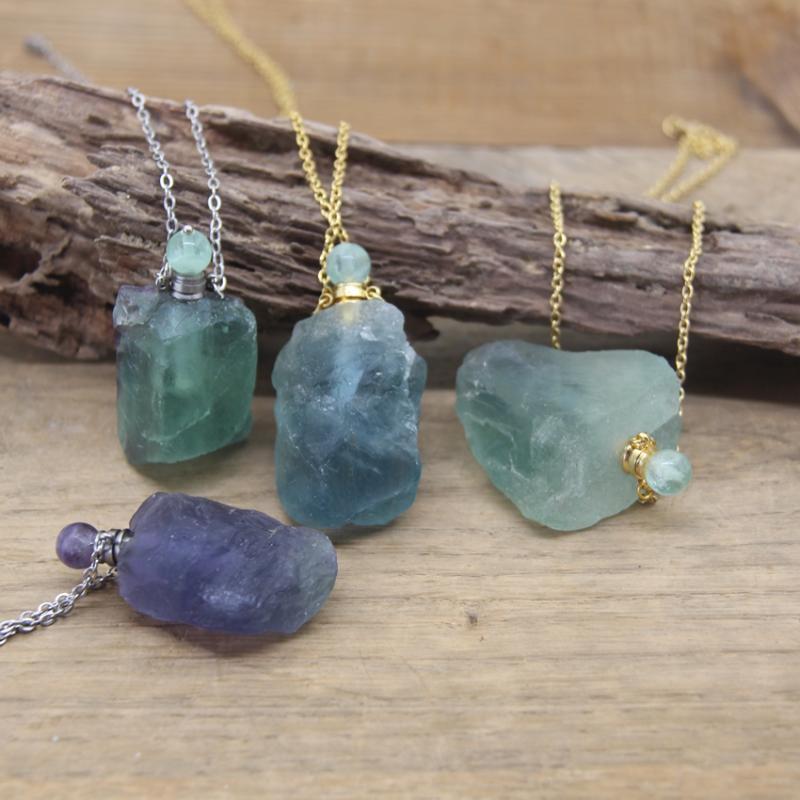 Pendant Necklaces Raw Fluorite Nugget Perfume Bottle Pendants Necklace Healing Crystal Quartz Stone Essential Oil Vial Charm Chains Jewelry