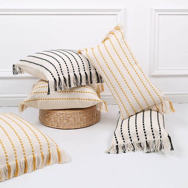 Plus Cushion Cover 50x50cm Tassels Pillowcase Mustard Ivory Black Cotton Stripe Pillow Covers Decorative Pillows for Sofa Cover 220816