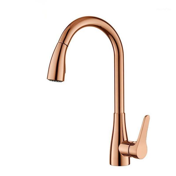 Kitchen Faucets Tuqiu Single Handle Pull Out Mixer Tap Hole Rotating Rose Gold Water