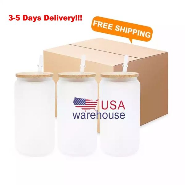 US Warehouse 2-7 Days Delivery Sublimation Glass Mugs 12oz 16oz Blanks Clear Frosted Coffee Tea Juice Water Bottles Tumblers With Bamboo Lid