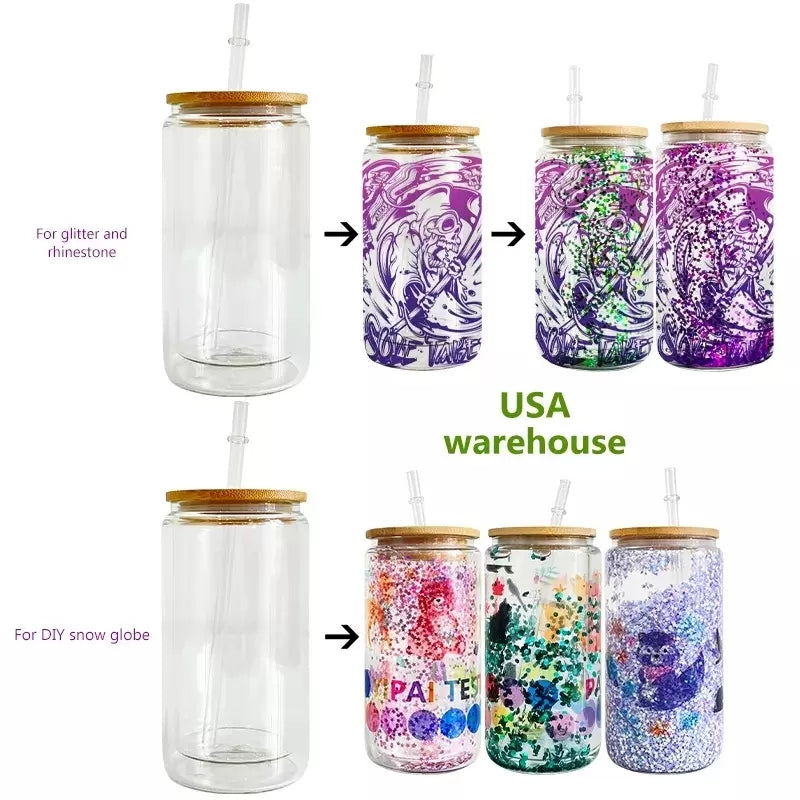 US STOCK Sublimation Blanks Glass Mugs 12oz 16oz Frosted Beer Can Glass Double Wall Snow Globe Tumblers Mason Jar Mug With Plastic Straw Bamboo Lid