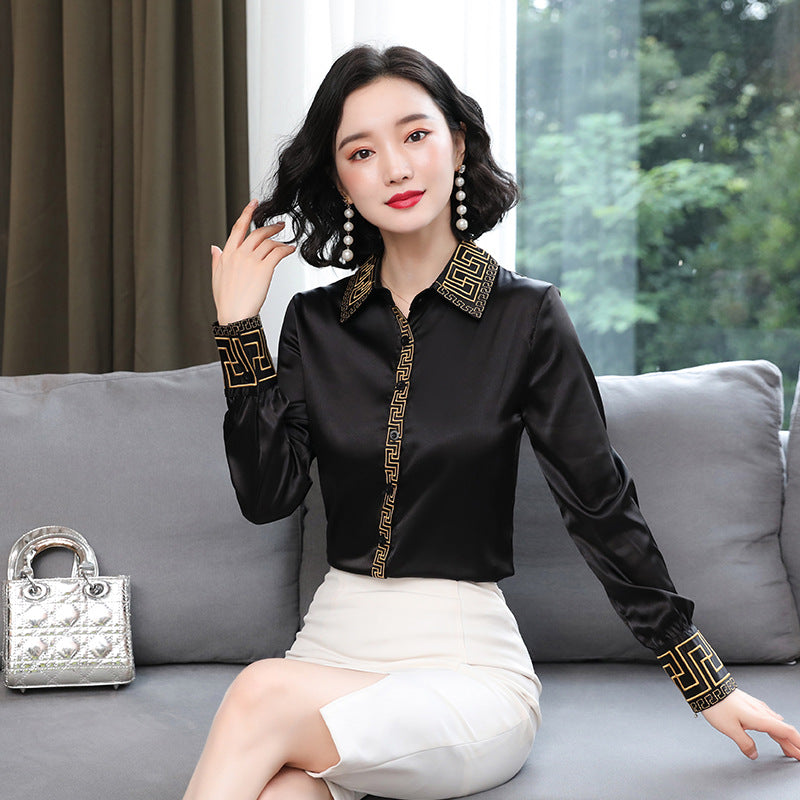 2022 Vintage Embroidery Silk Shirt Long Sleeve Elegant Ladies Designer Casual Office Button Down Black Blouses Top Turn-Down Collar Korean Style Fas