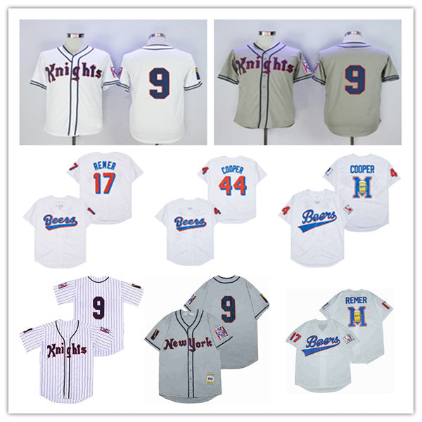 Men Milwaukee Beers Movie Baseball Jerseys #17 Doug Remer #44 Joe Cooper Stitched White Grey New NY York Knights #9 Roy Hobbs Jersey Size S-XXXL