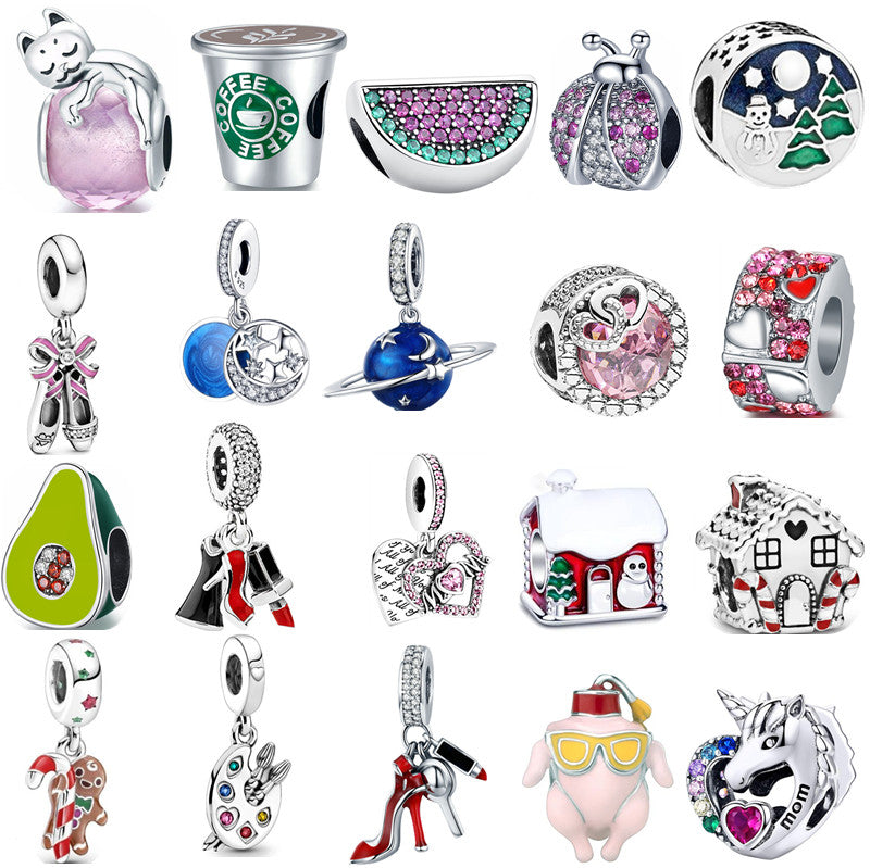 Fashion s925 Sterling Silver Beads Charms Beaded Classic Coffee Cup Lipstick Colorful Pendant Bracelet Luxury Jewelry DIY Women Mom Gift