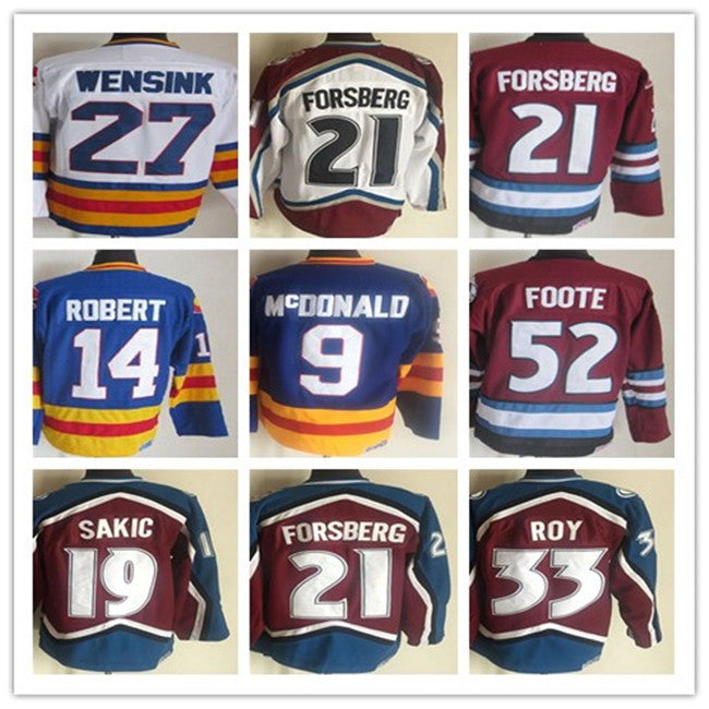 Men Vintage Colorado Hockey Jerseys 52 Adam Foote 21 Peter Forsberg 9 Paul 19 Joe Sakic 33 Patrick Roy 1 Chico Resch 14 Rene Robert 9 Lanny McDonald