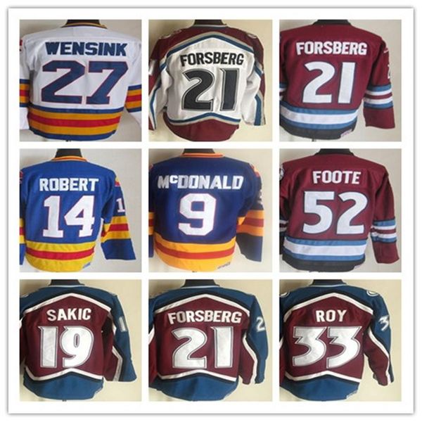 Men Vintage Colorado Hockey Jerseys 52 Adam Foote 21 Peter Forsberg 9 Paul 19 Joe Sakic 33 Patrick Roy 1 Chico Resch 14 Rene Robert 9 Lanny