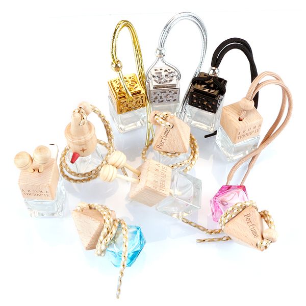 Essential Oils Diffusers Round Ball Square Empty Hanging Freshener Car Vent Air Wooden Cap Glass Car Perfume Diffuser Bottle FY5288 P0718
