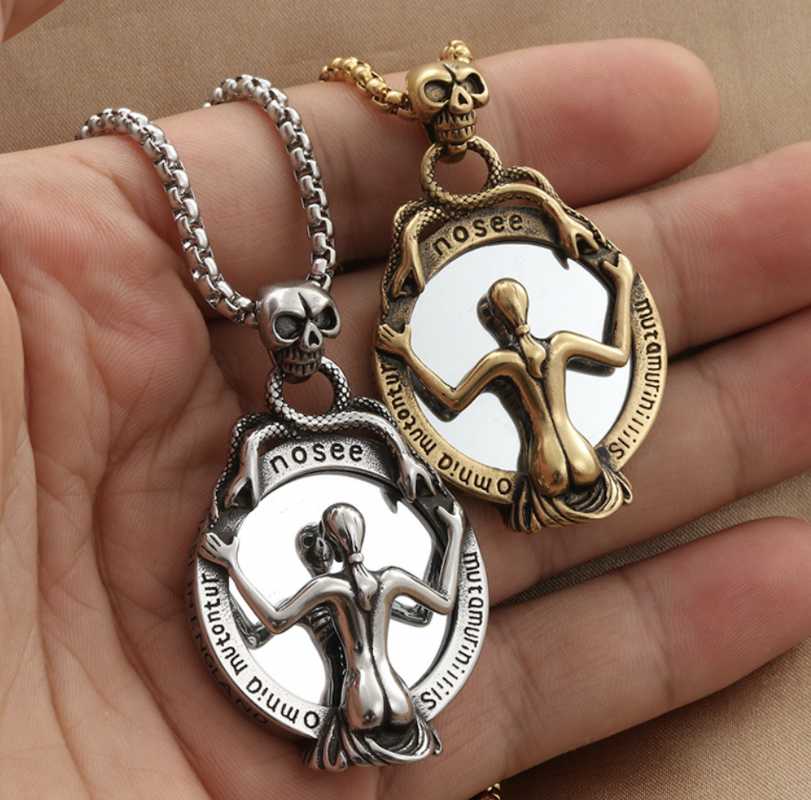 Pendant Necklaces Punk Jewelry Titanium Steel Magic Mirror Women Necklace Vintage Accessories Stainless Skull Men ChainPendant