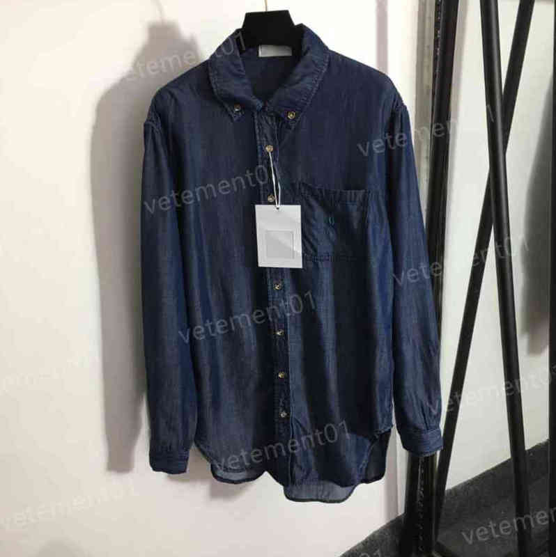 Womens Blouses Fashion Brand Logo Embroidered Blue Lapel Long Sleeve Denim Shirt Luxury Designer Shirts For Women Clothing 0912