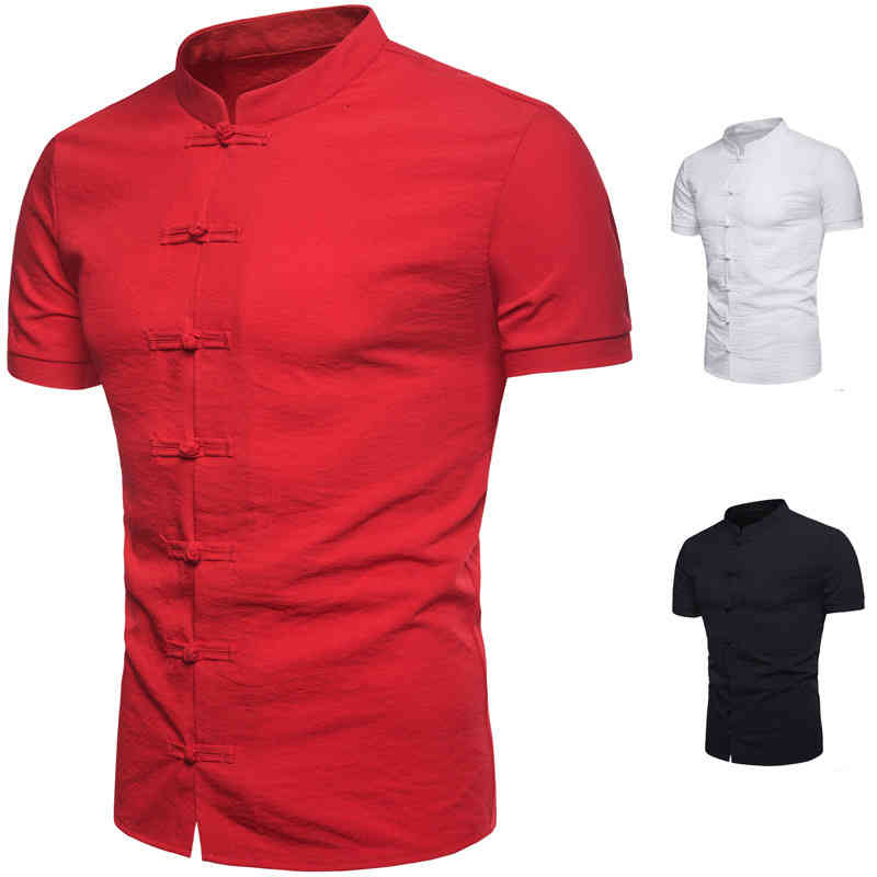 Men&#039;s Casual Shirts men&#039;s Cotton hemp stand collar shirt summer Chinese style disc button solid color short sleeve casual men CM9J