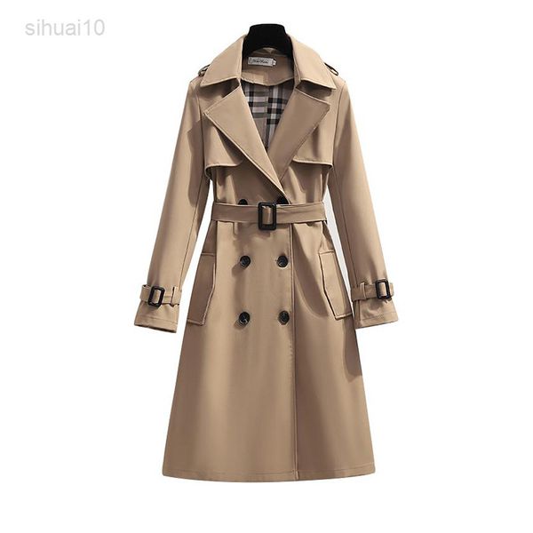 S-4Xlbrand New Spring Autumn Long Women Trenchcoat Double Breasted Kaki Dress Loose Jackets Lady Outerwear Fashion tops 2021 L220725