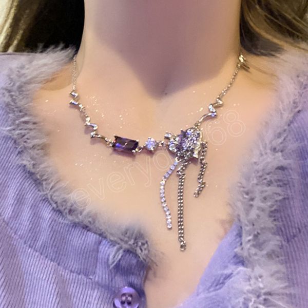Korean Delicate Purple Zircon Heart Pendant Necklaces For Women Girls Fashion Irregular Metal Tassel Choker Jewelry