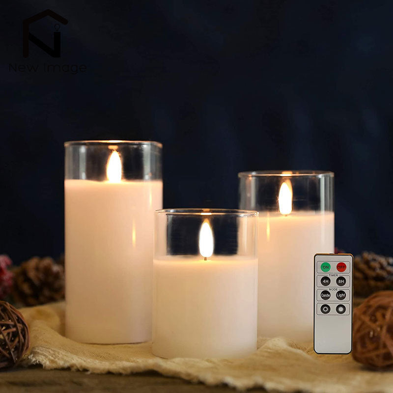 3pcs glass wax flameless candles 3d effect led candles white wax battery candles with 8key remote control home decor