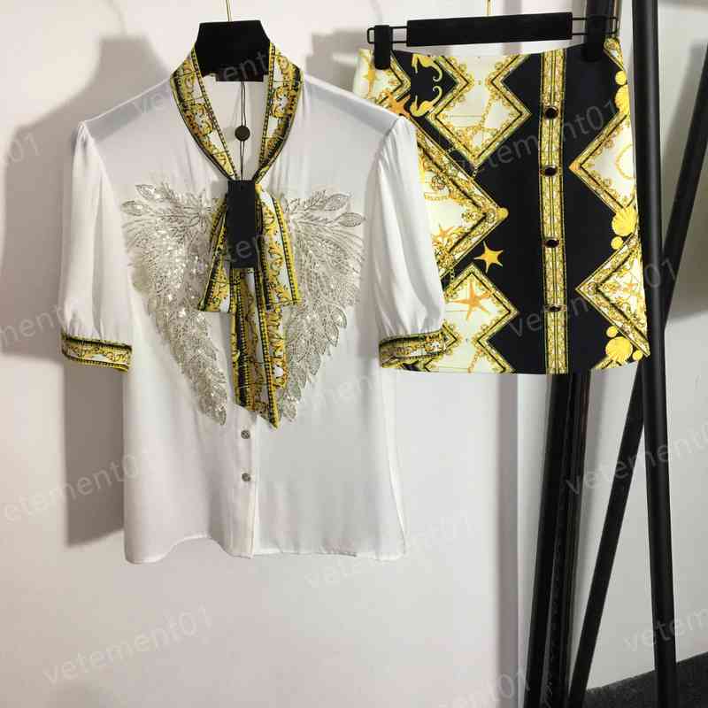 Fashion Womens Skirt Dresses Brand Beaded Sequined Bow Short-sleeved Shirt Top And High-waisted Hip Skirt Luxury Designer Women Clothing