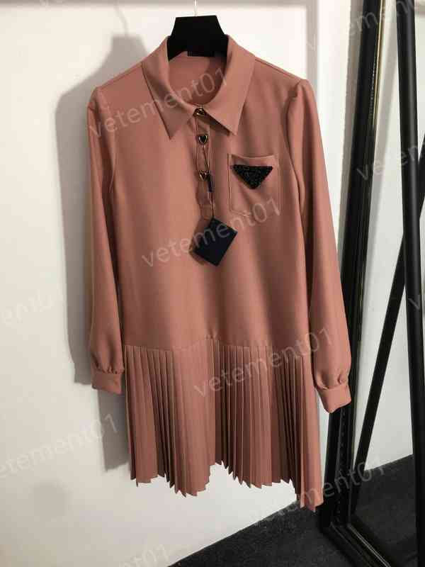 Womens Designer Dresses Fashion Brand Triangle Logo Diamond Pocket Button Pleated Long Sleeve Dress Luxury Women Clothing