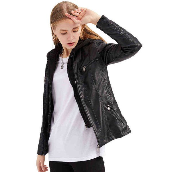 Spring Autumn Women Leather Jacket Street Biker Leather Hooded Coat Removable Hat Short Jacket Lady Casual Outerwear 4XL WF264 L220728