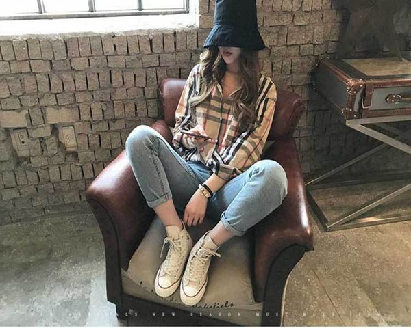 Designer Women Blouses Tops Shirts Fashion Classic Summer New Plaid T-Shirt Lapel Neck Pocket Plus Size 2XL Casual Long Sleeve Top Womens De