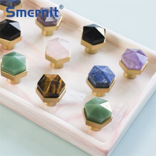 5pcs Brass Natural Crystal Furniture Knobs and Handles for Cabinet Hexagonal Kitchen Cupboard Door Handles Copper Drawer Pulls 201013