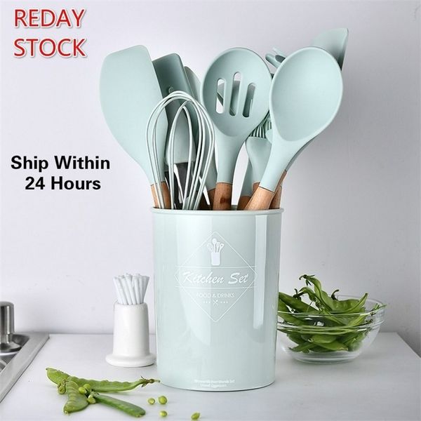9-12 Pcs Silicone Cookware Set Non-Stick Cooking Tools Set with Storage Box Kitchen Tools Spatula Shovel Wood Handle 201022