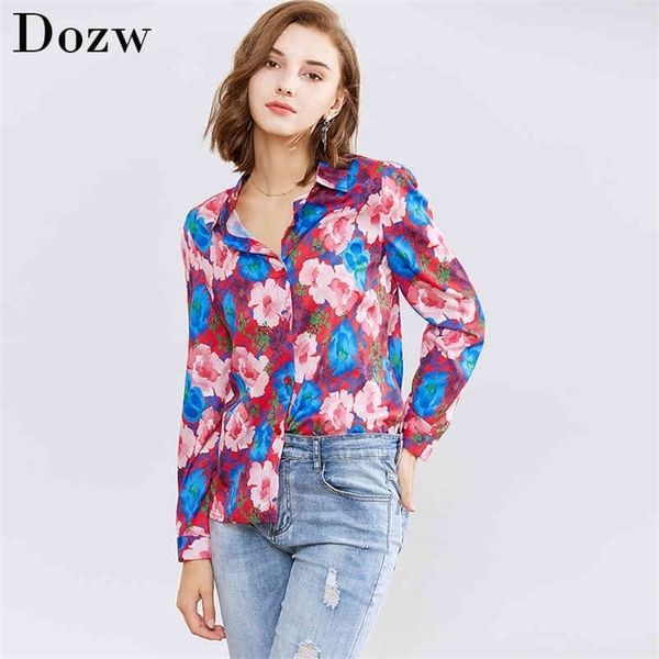 Women Blouses New Floral Printed Long Sleeve Shirt Top Casual Turn Down Collar Office Blouse Shirt Ladies Tunics XL 210414