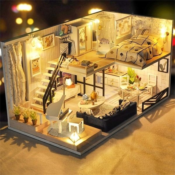 CUTEBEE DIY Doll House Wooden Doll Houses Miniature dollhouse Furniture Kit Toys for children Christmas Gift TD32 LJ201126