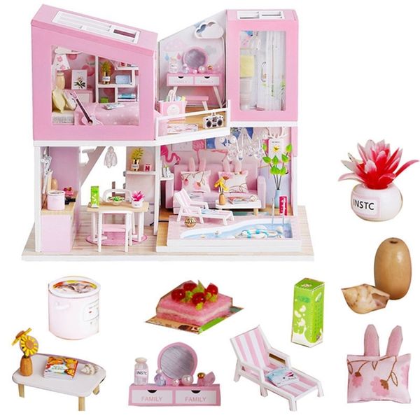 large doll house wooden furniture villa dollhouse kitchen diy big doll houses miniature dollhouse kit maison de poupee kids gift LJ201126