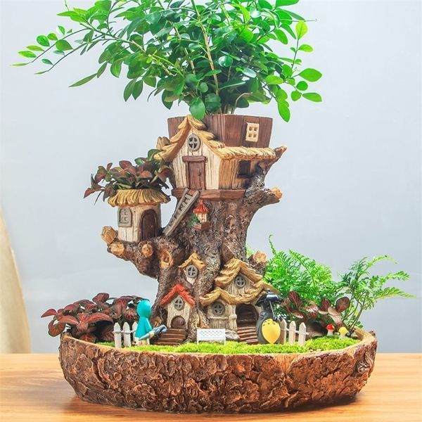 Modern Fairy Garden Pot Miniature Stump Resin Flower Cartoon Treehouse Sculpture Succulent Planter Balcony Plant Flowerpot Y200723