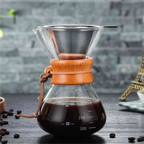 400ml Heat Resistant Glass Coffee Pot with Reusable Stainless Steel Filter Pour Over Coffee Maker Espresso Coffee Drip Pot 210408