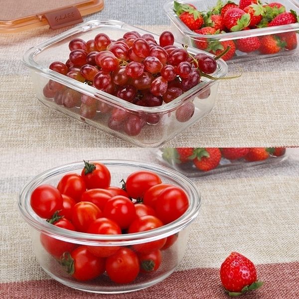 Glass Lunch Microwave Bento Heating Refrigerated Sealed Leakproof Food Container Storage Transparent Lid Round Square Box Y200429