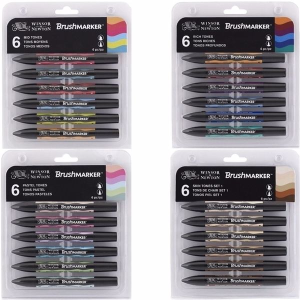 Winsor & ton Brushmarker Set 6 Colors 12 Soft Tip Twin Markers Alcohol Based Art Pens Y200709