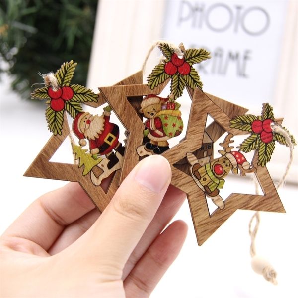 4PCS Star Printed Wooden Pendants Ornaments Xmas Tree Ornament DIY Wood Crafts Kids Gift for Home Christmas Party Decorations Y201020