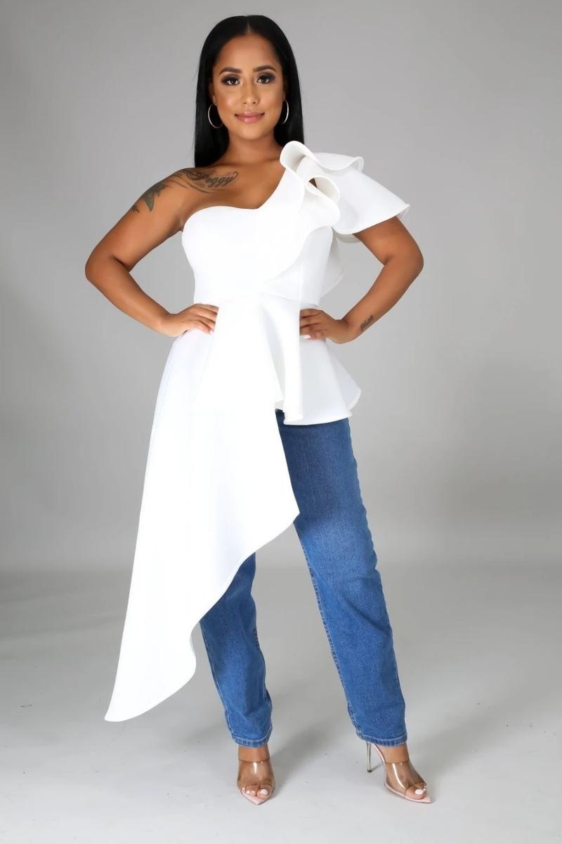 Women&#039;s Blouses & Shirts One Shoulder Ruffle Asymmetric Temperament Commuter Solid Color Long Tail Dress Fashion Elegant Women Tops And 2022