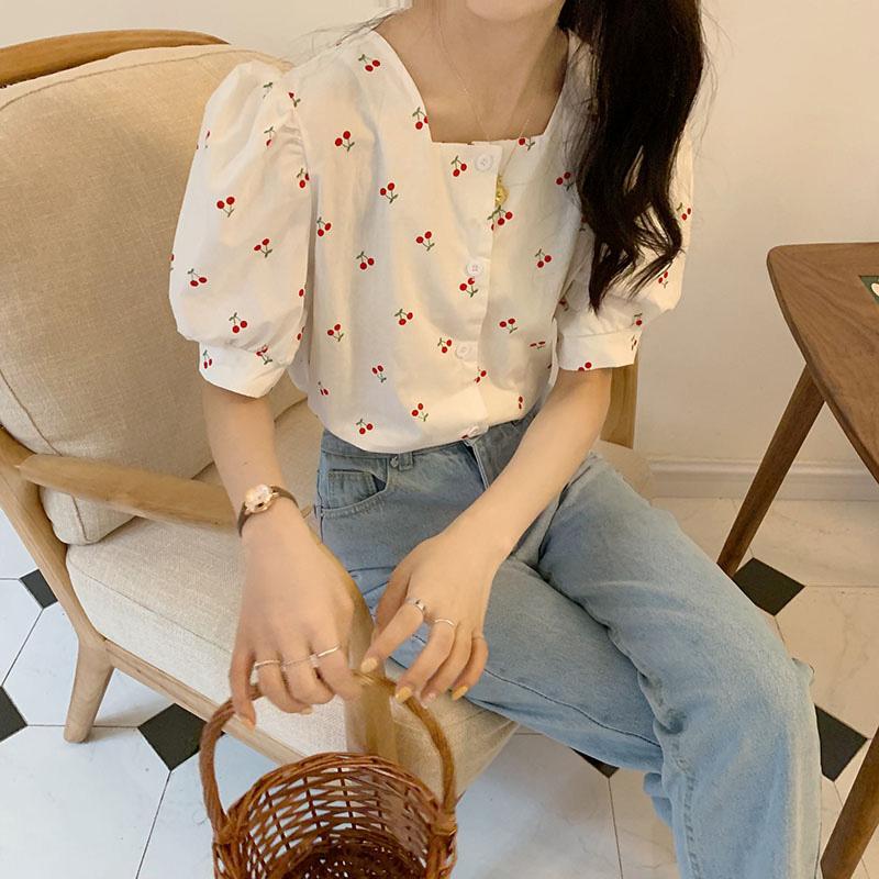 Women&#039;s Blouses & Shirts French Style Vintage Blouse Women Cherry Printed Single Breasted Square Collar Puff Sleeve Sweet Blusas M