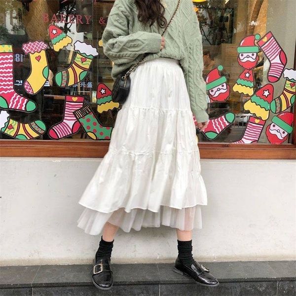 Women&#039;s Long Skirt Spring Autumn Korean Style White Black Maxi Skirts Harajuku Girls Mesh Splicing A-line High Waist Skirt 210315