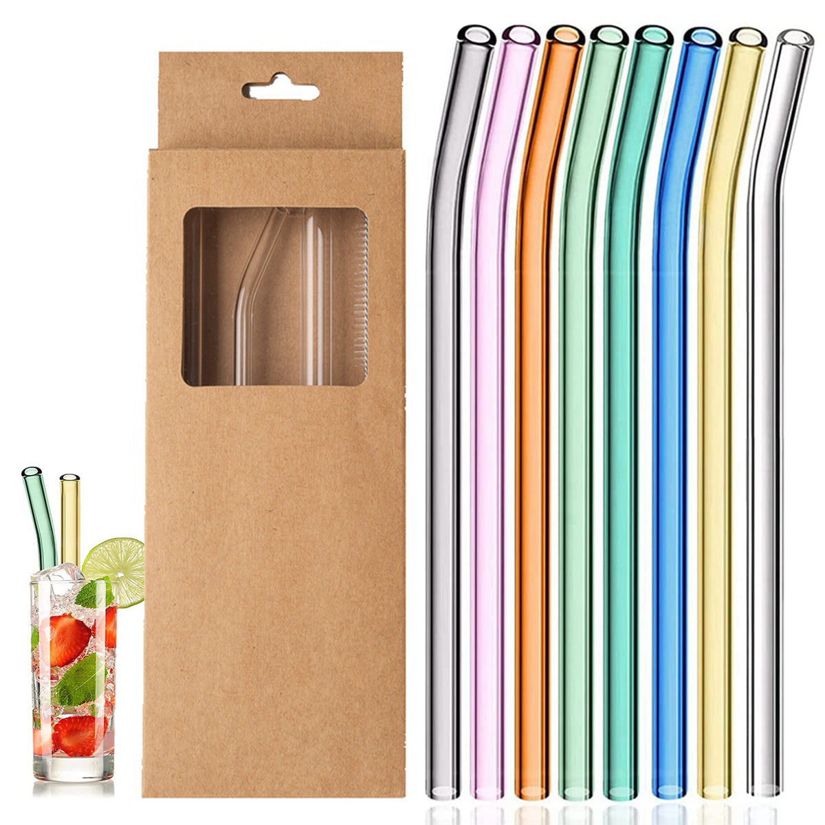 Eco-Friendly Glass Straws Reusable Drinking Straws Multi-color Glass Cocktail Straws for Juice Milk Coffee Bar Drinks Accessory