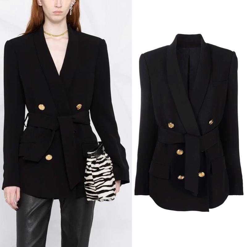 Women&#039;s Suits & Blazers Autumn And Winter European American Green Fruit Collar Double Breasted Belt Thin High Quality Black Coat Top WomenWo