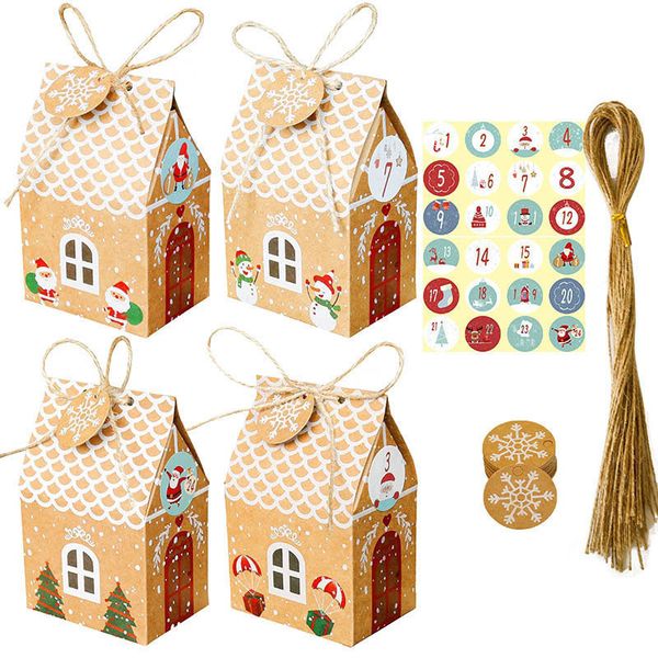 96pcsset Christmas House Shape Candy Gift boxes with Kraft Paper Tag and Sticker Christmas Decoration for Home Gift Packing bag 201027