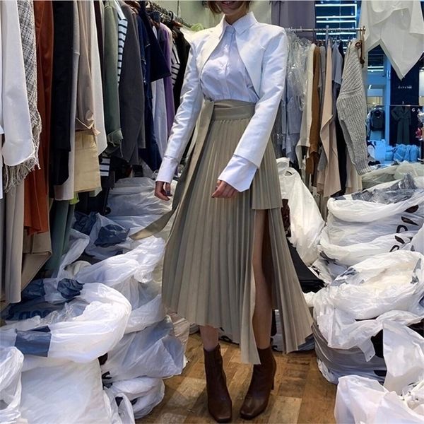 Spring Irregular Sashes Mid Calf Women Pleated Skirt Khaki Pleated Skirt Vintage High Waist Casual Skirts Female Faldas 210306