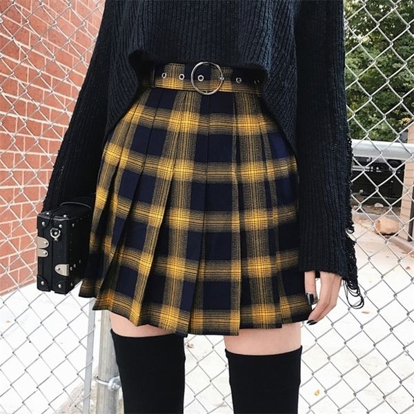 Paris Girl Spring Summer Harajuku Women Fashion Skirts Cute Yellow Black Red Lattice Pleated Skirt Punk Style High Waist Female 210306