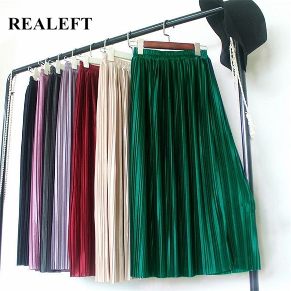 REALEFT Elegant Solid Pleated Womens Long Skirts Spring Summer Street High Waist Harajuku Umbrella Maxi Skirts Womens 210306