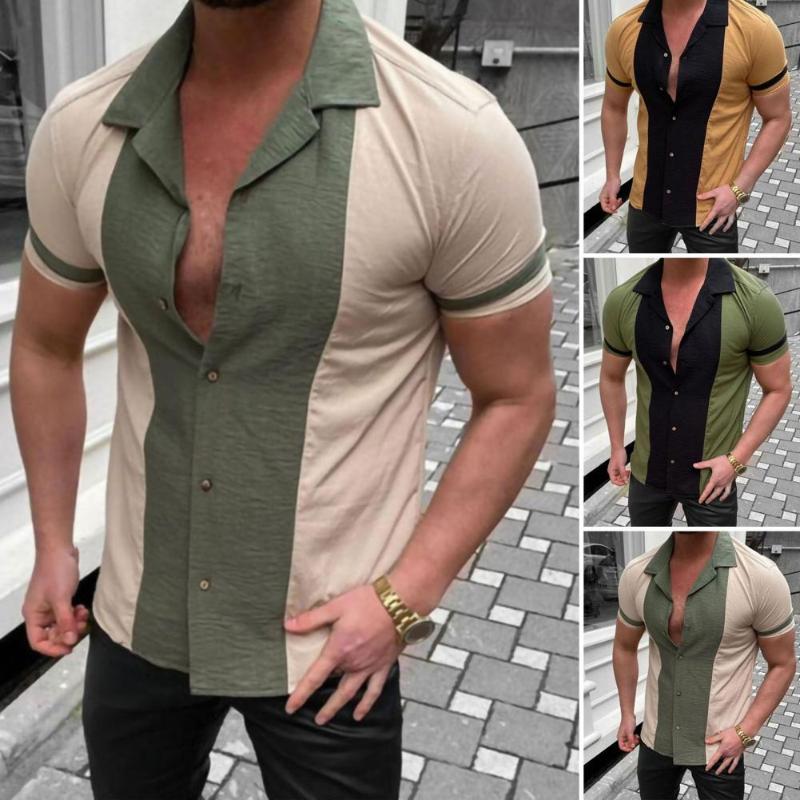 Men&#039;s Casual Shirts Men T-Shirt All Match Contrast Colors Patchwork Single-breasted Short Sleeve Leisure Shirt Top Summer Male ClothesMen&#039;