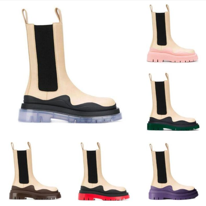 Cream-Transparent Women Man BOTTEGA boots Lug luxury Tire Lean Leather Chelsea Women&#039;s booties Men platform chunky shoes lady Knight High top b