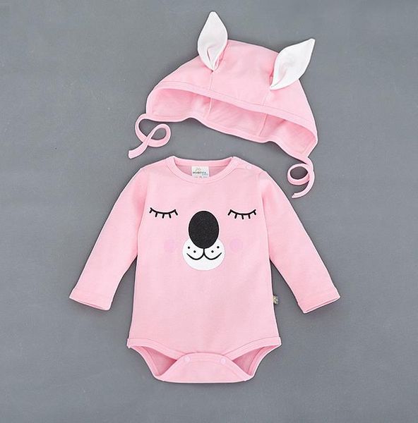 New Autumn Infant Baby Cartoon Bear Rompers with Cap 2pcs Set Kids Long Sleeve Onesies Jumpers Children Outfits Climb Clothes 12260