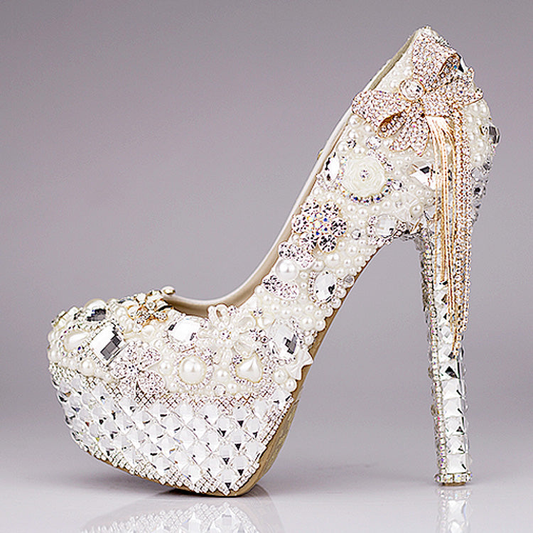 New 2021 Luxury Wedding Shoes Glitter Sequins Pearl Bow Formal Party Sparkling Single Diamond Bridal High Heel Shoes EM01432