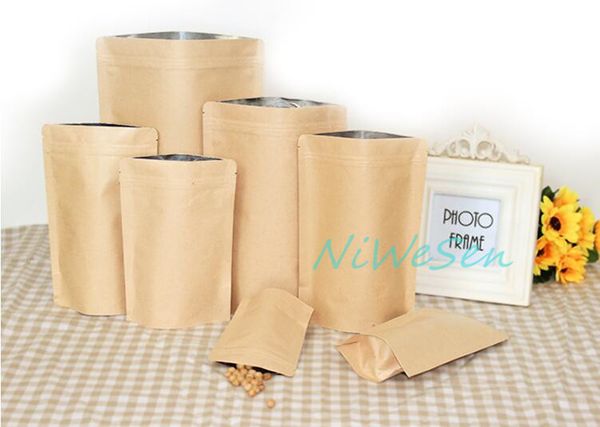 12X20+4cm 100pcs X standing brown kraft paper with inner aluminized bags, reusable ziplock craft paper coffee bean packaging sack